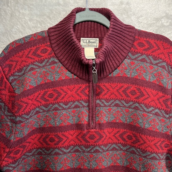 LL Bean Nordic Fair Isle Knit Sweater Mens Large TALL 1/4 Zip Red Gray Holidays - Picture 3 of 12